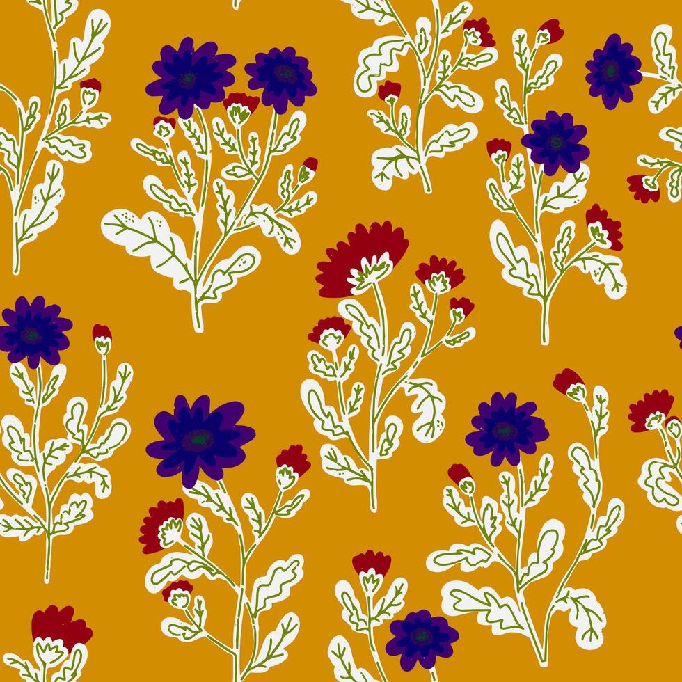a pattern with flowers and leaves on a yellow background vector