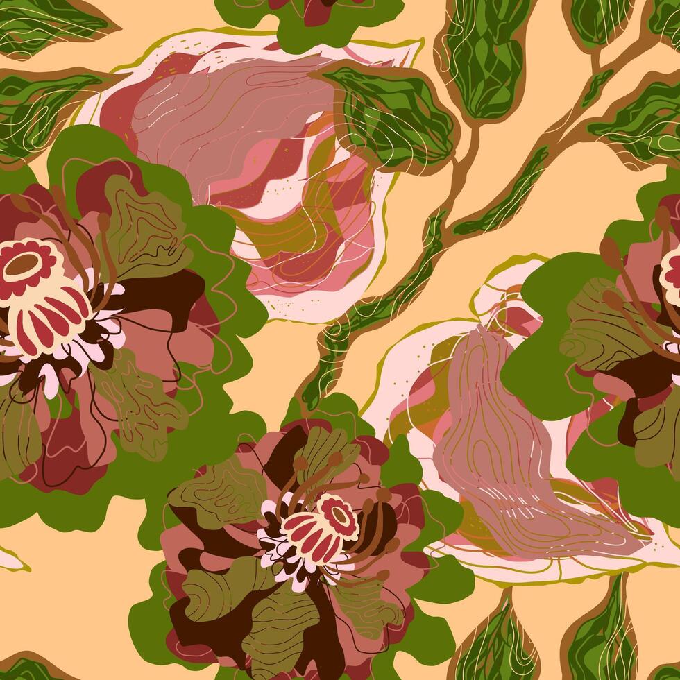 a pattern with flowers and leaves on a yellow background vector
