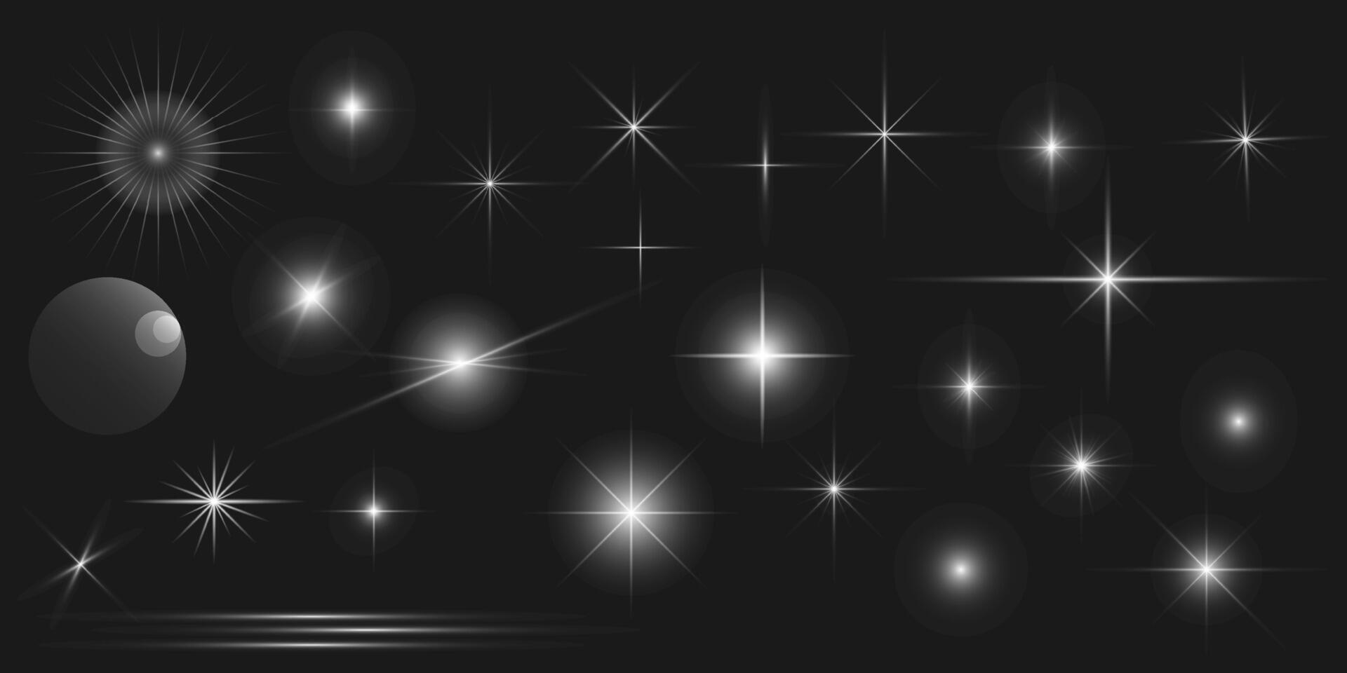 a set of stars and light effects on a black background vector