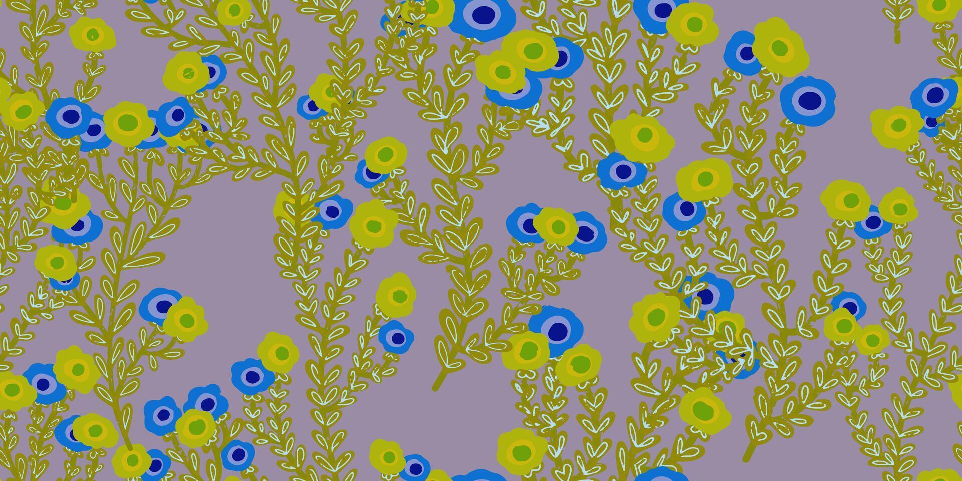 a pattern with blue and green flowers on a purple background vector