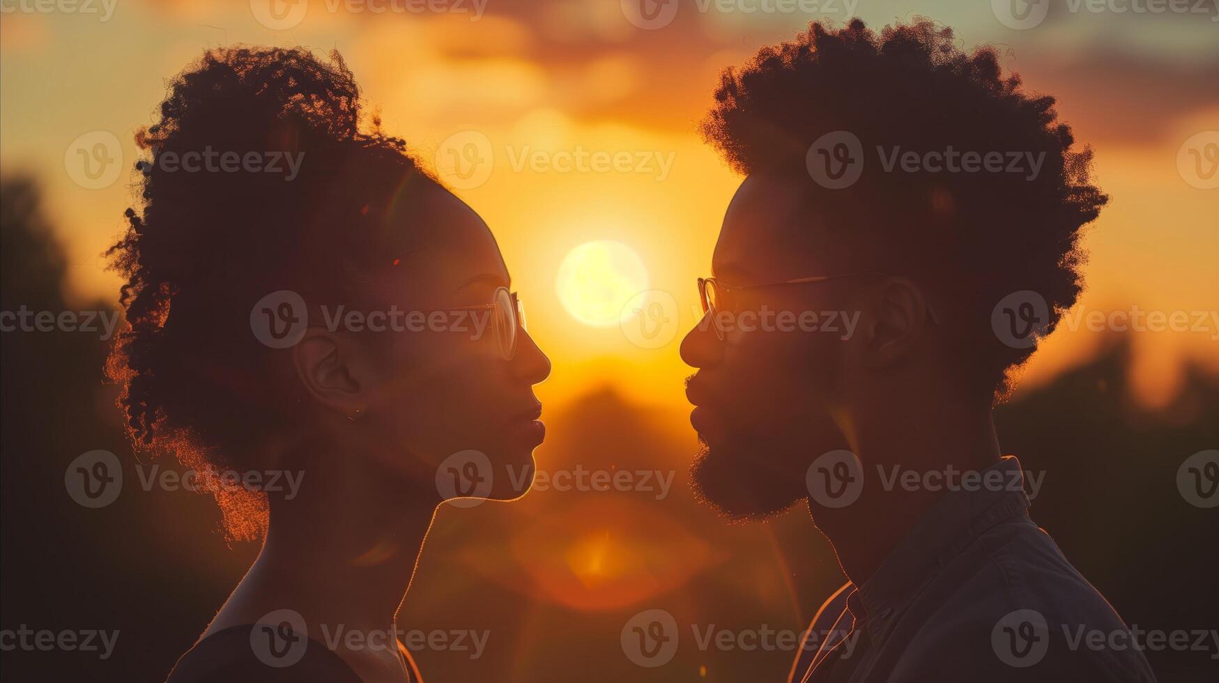 Sunset Silhouette of a Couple About to Kiss photo