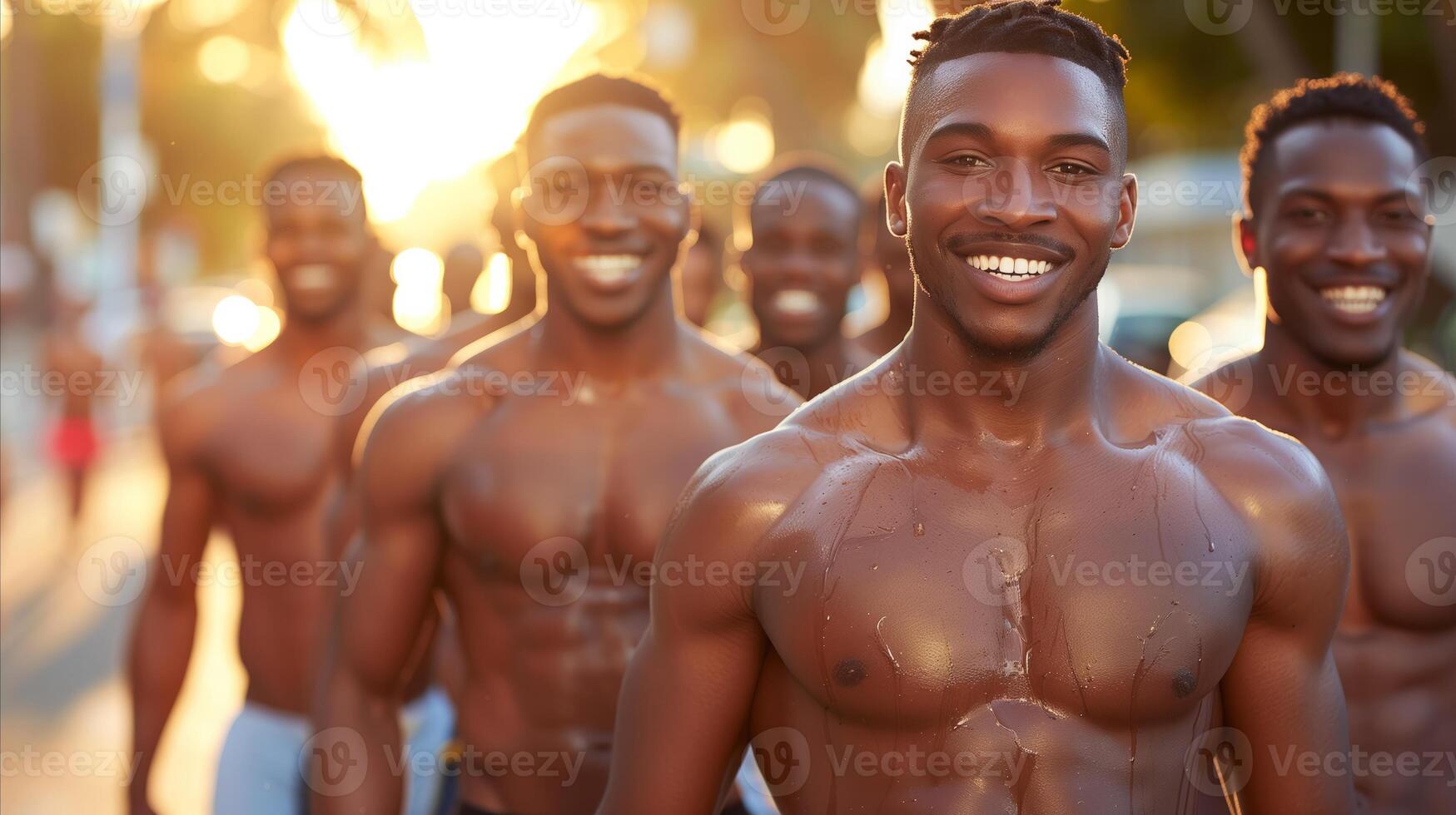 Group of Joyful Shirtless Men Running Together at Sunset photo