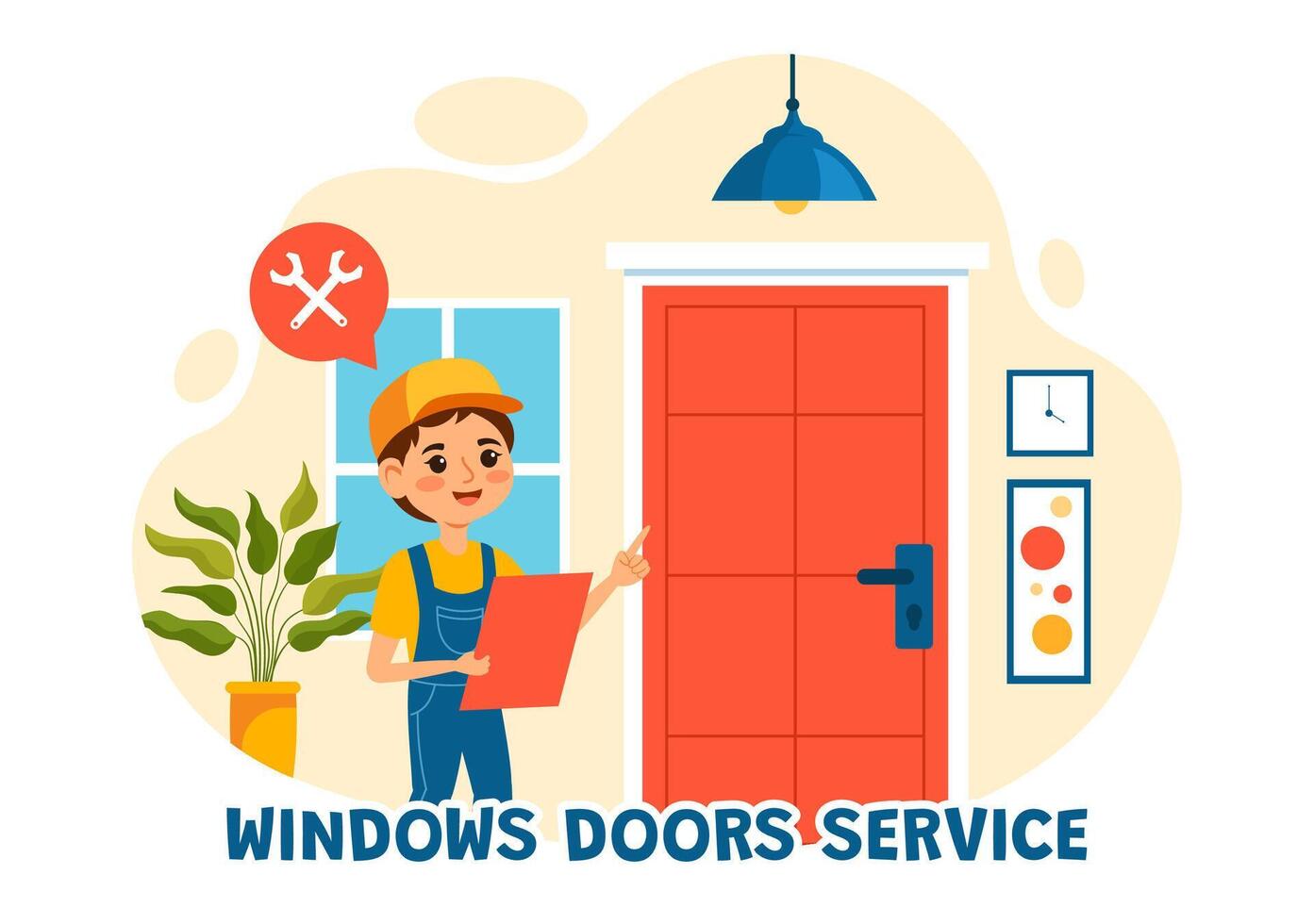 Windows and Doors Installation Service Illustration with Worker for Home Repair and Renovation use Tools in Flat Kids Cartoon Background Design vector