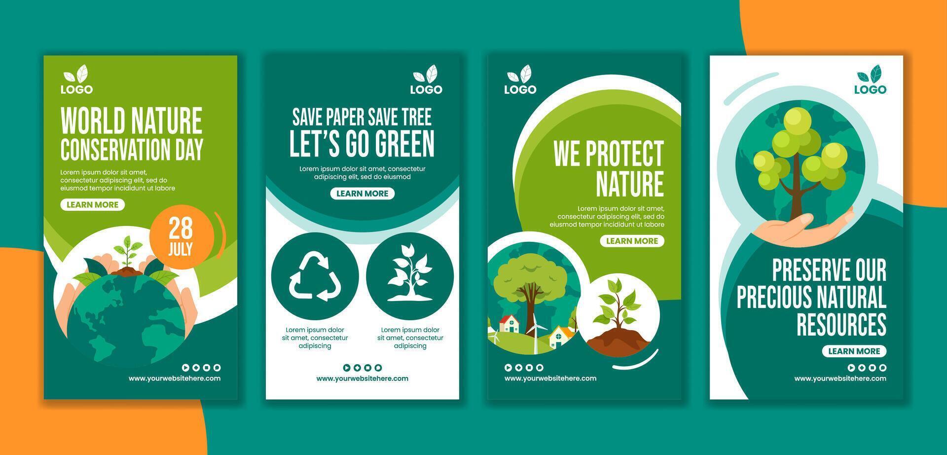 Nature Conservation Day Social Media Stories Cartoon Hand Drawn Templates Background Illustration vector