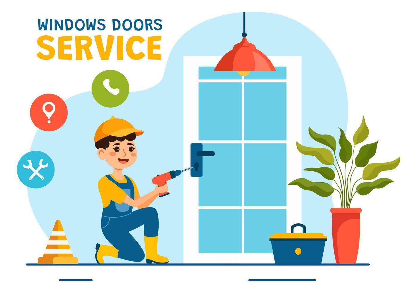 Windows and Doors Installation Service Illustration with Worker for Home Repair and Renovation use Tools in Flat Kids Cartoon Background Design vector