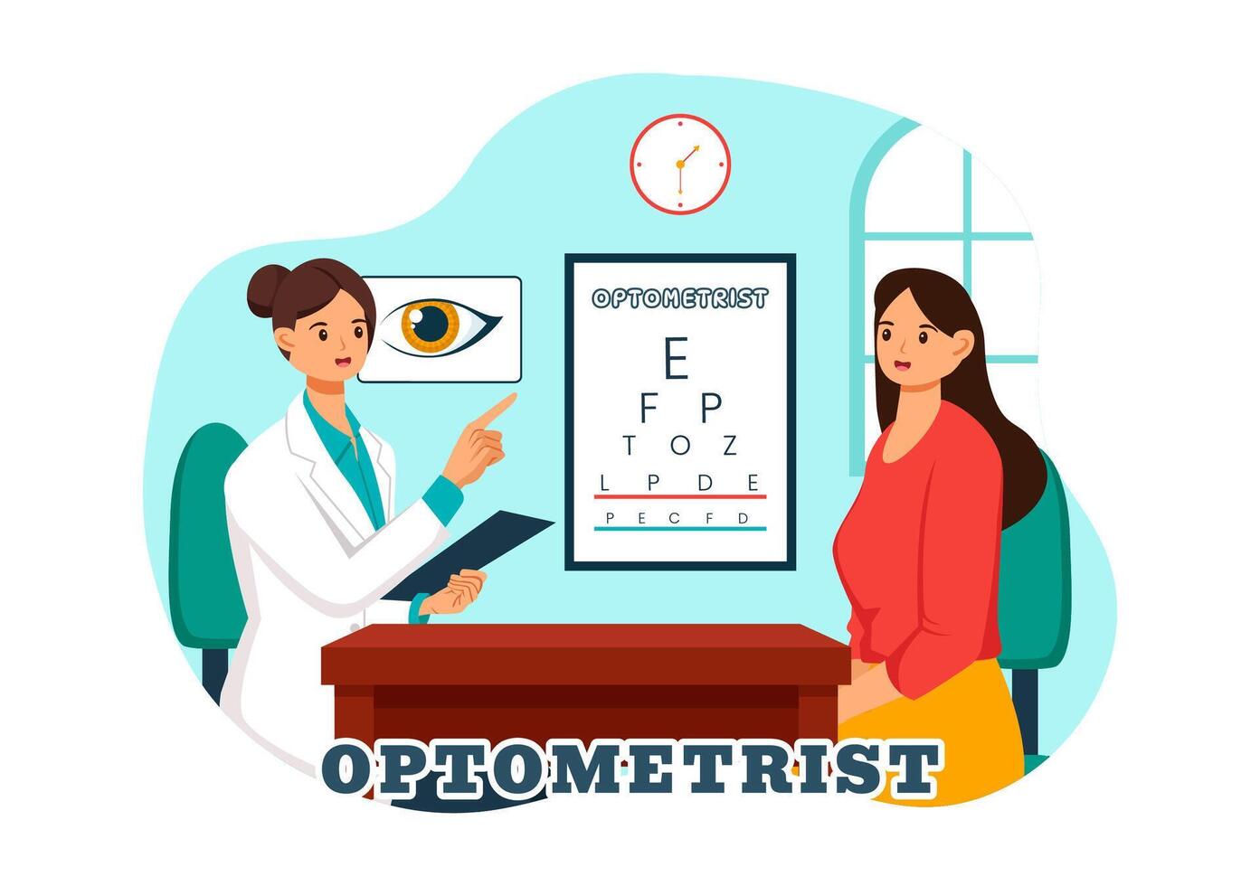 optometrista ilustración con oftalmólogo cheques paciente vista, óptico ojo prueba y gafas tecnología en plano dibujos animados antecedentes vector