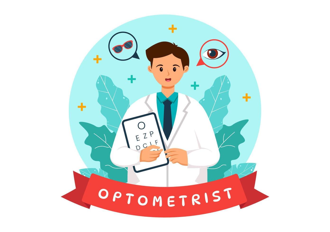 optometrista ilustración con oftalmólogo cheques paciente vista, óptico ojo prueba y gafas tecnología en plano dibujos animados antecedentes vector