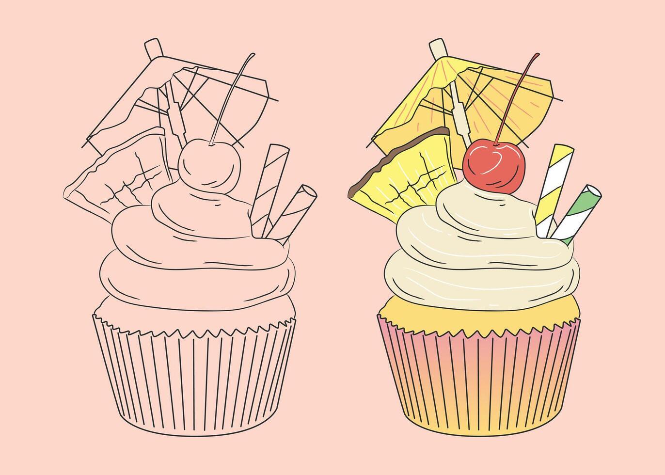 festive cupcake with a slice of pineapple, cherry and umbrella on top vector