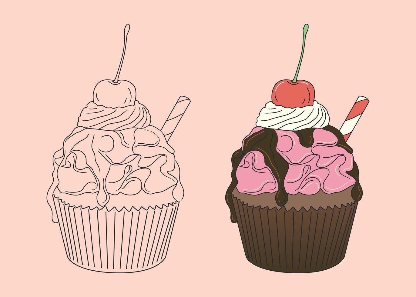 Chocolate cupcake with chocolate frosting, sweet cream and cherry on top. isolated food illustration vector