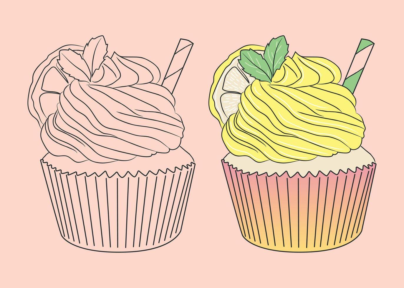 Lemon cupcake with frosting, lemon slice and mint. isolated food illustration vector