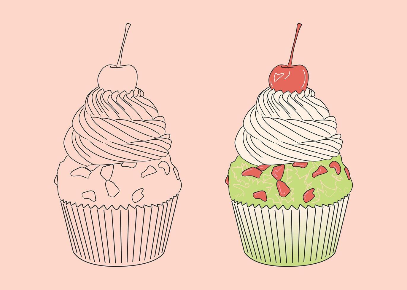 Pistachio cupcake with colored frosting, sweet cream and cherry on top vector