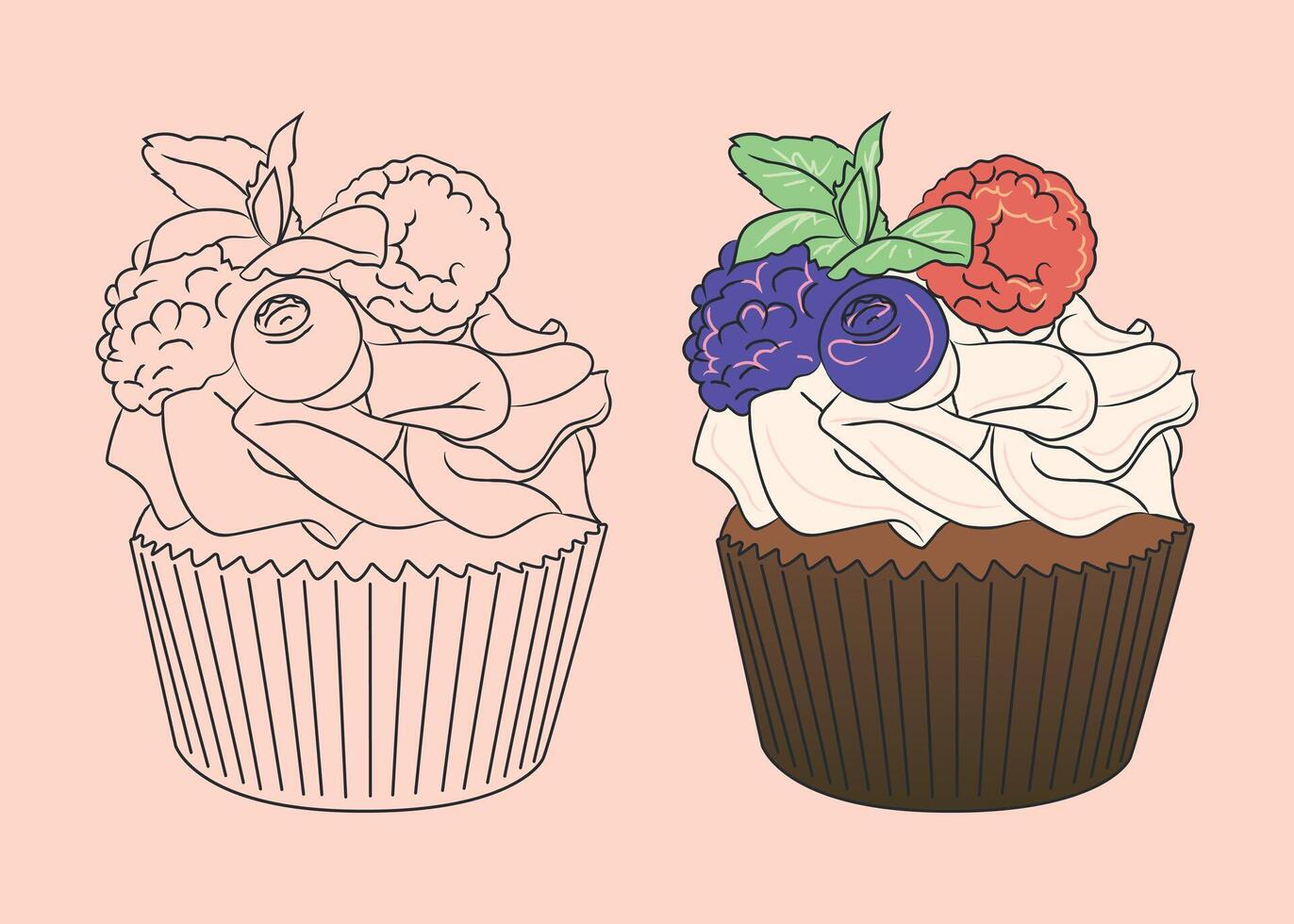 chocolate cupcake with sweet cream and wild berries. isolated hand drawn image of the dessert vector