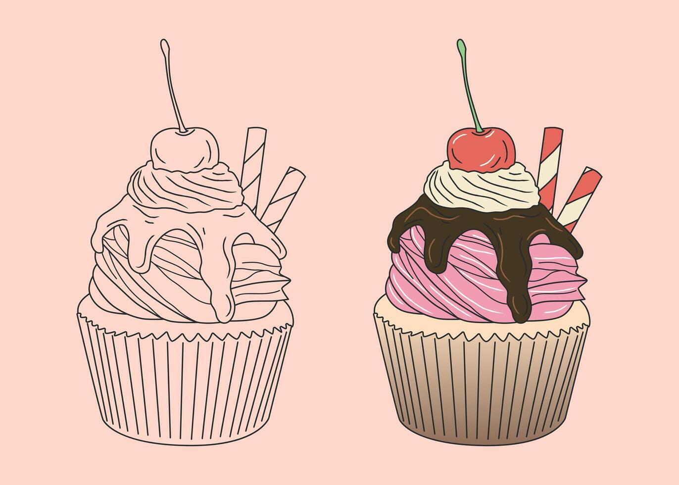 Vanilla cupcake with chocolate frosting, sweet cream and cherry on top vector