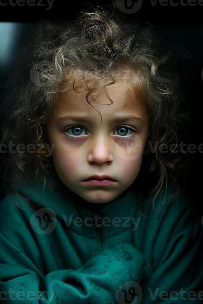 Adorable little girl with an intense and captivating gaze, looking directly at the camera photo