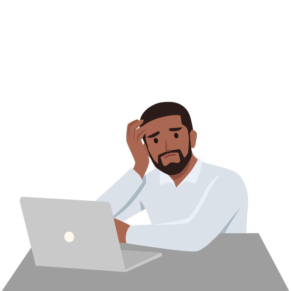 Young man unhappy sit in front of laptop squeezing head with hands. vector