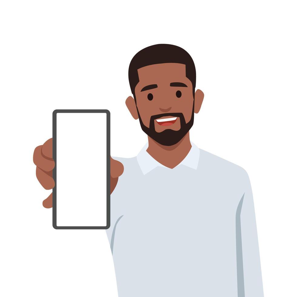 Young black man showing smartphone or man holding smartphone close up. vector