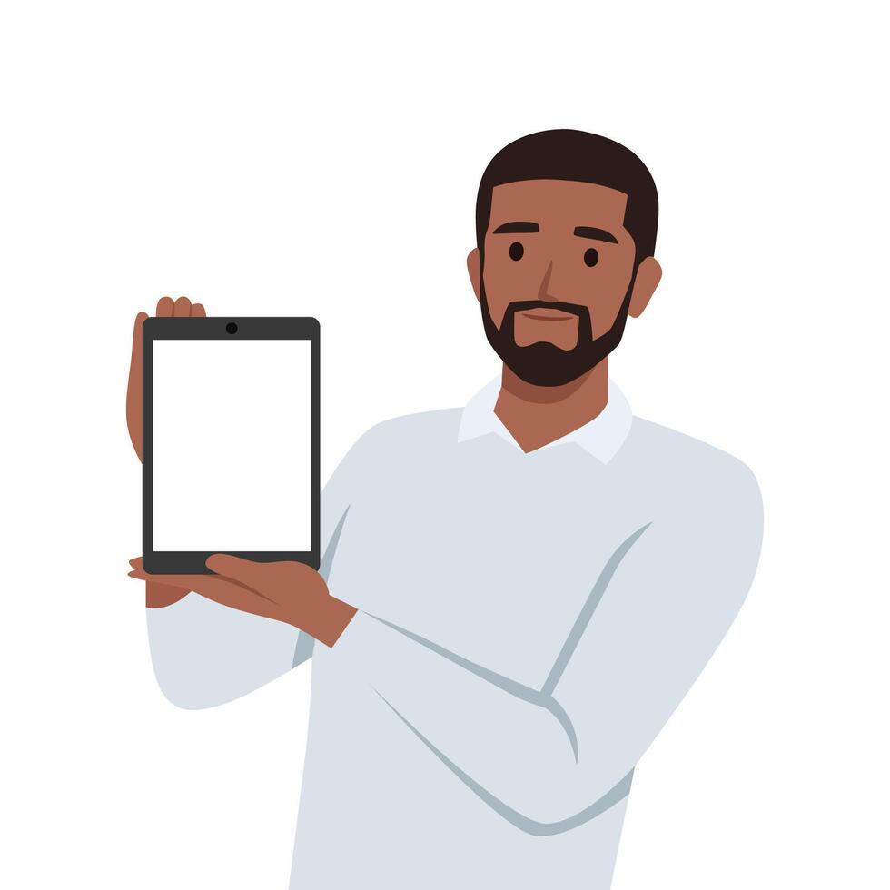 Young man showing or holding blank screen of digital tablet computer in hands. vector