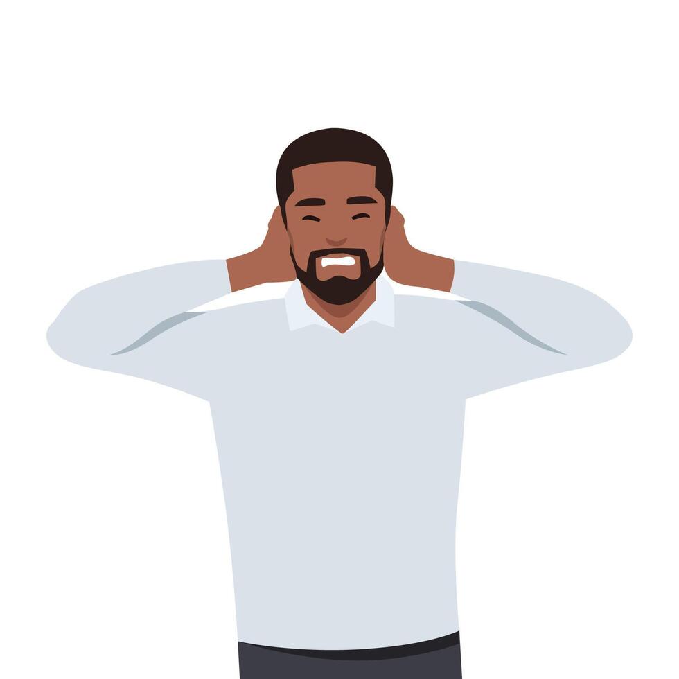 Young black businessman covering his ears with his hands. vector