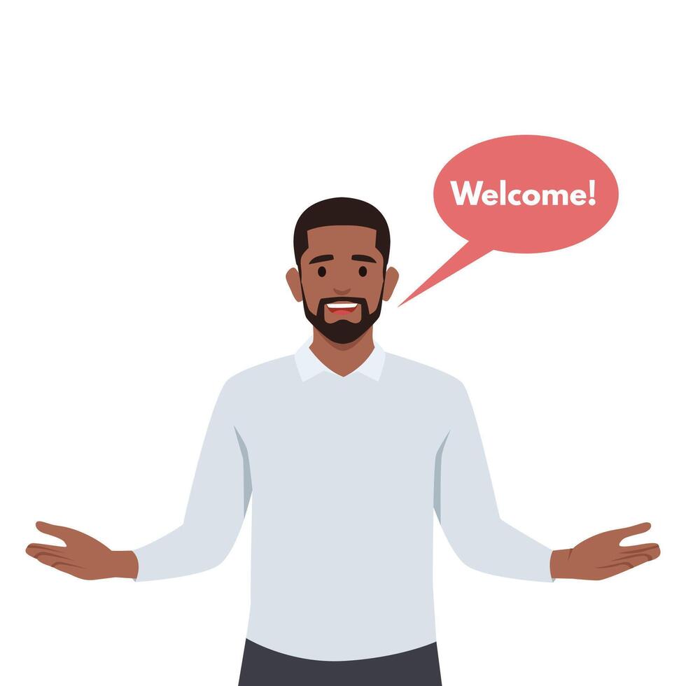 Young man cheerful business man gesturing welcome sign. vector