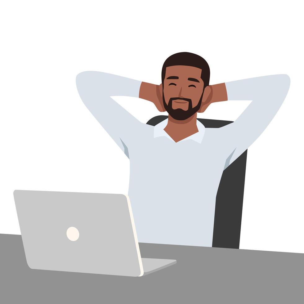 Young black man working on laptop sitting in front of the desk. vector