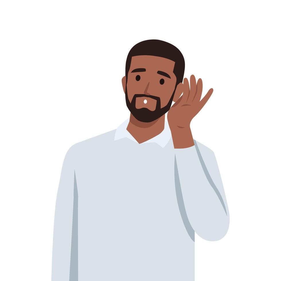 Young black man with hand over ear listening and hearing to rumor or gossip. Deafness concept. vector