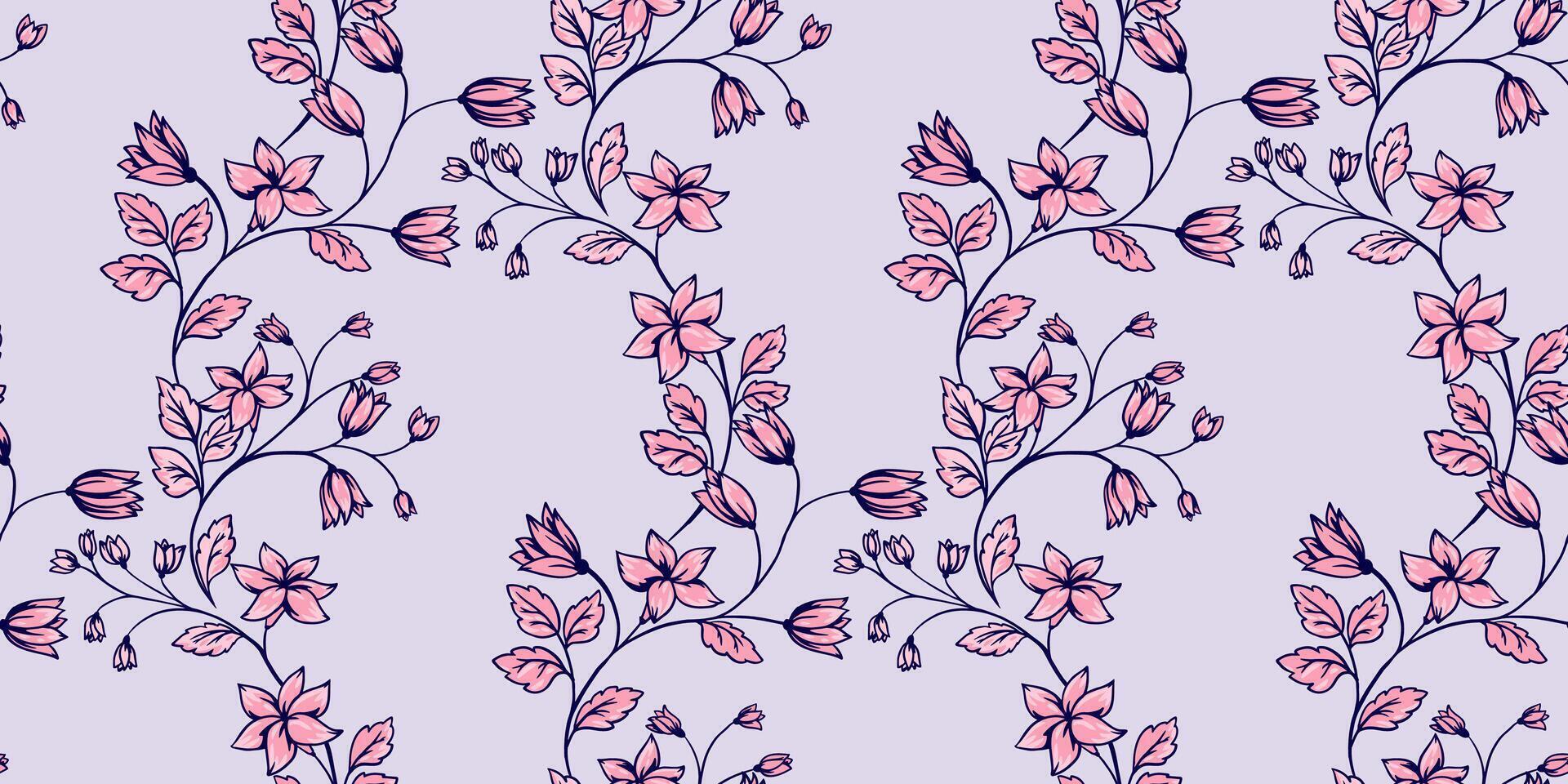 sin costura entrelazados creativo ramas con flores campanas, minúsculo hojas, brotes modelo. mano dibujado. floreciente resumen artístico salvaje floral tallos impresión en un ligero antecedentes. vector