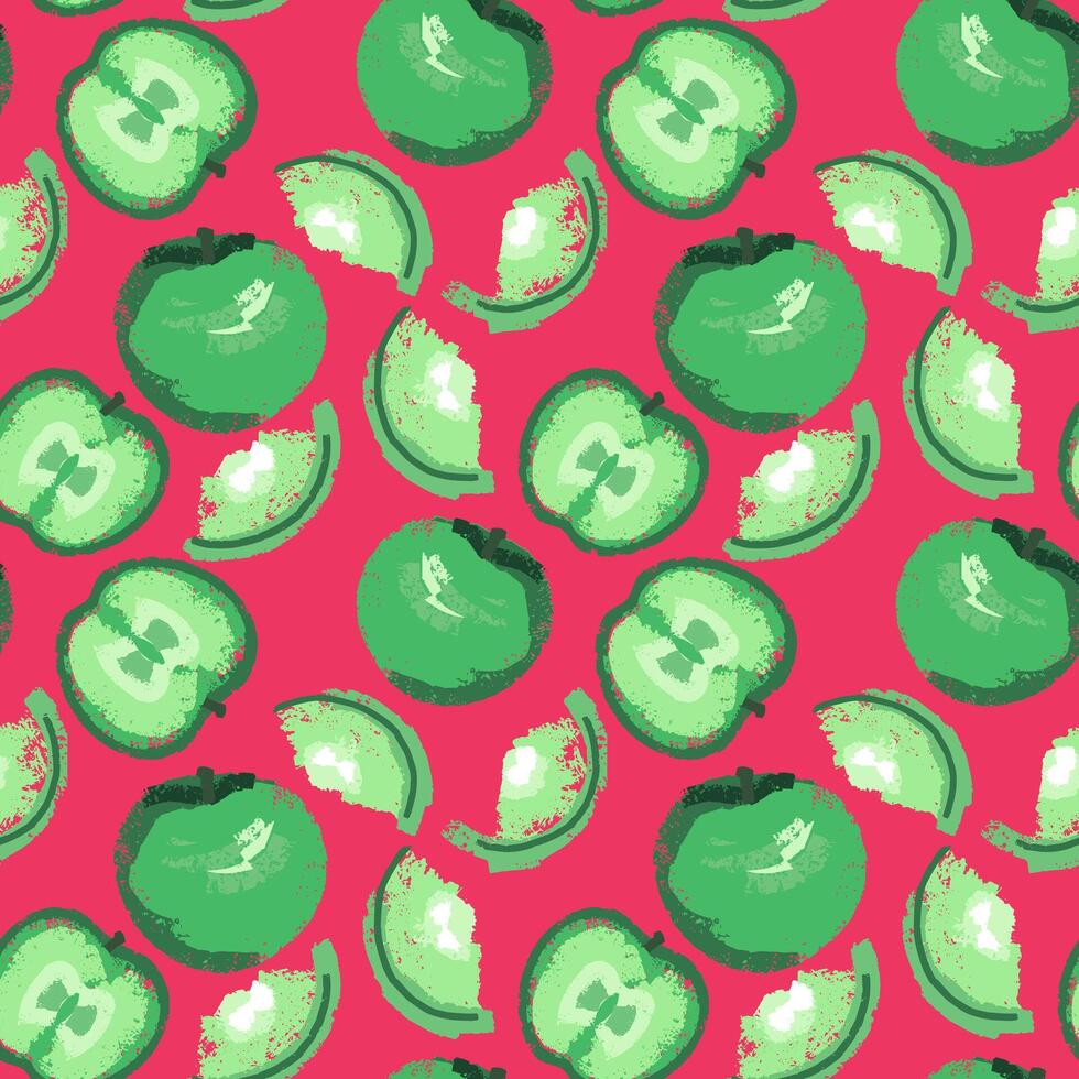 Seamless pattern with abstract creative fruits apples and apple slices on o red background. hand drawn sketch. Colorful green art shape apple textured patterned. vector