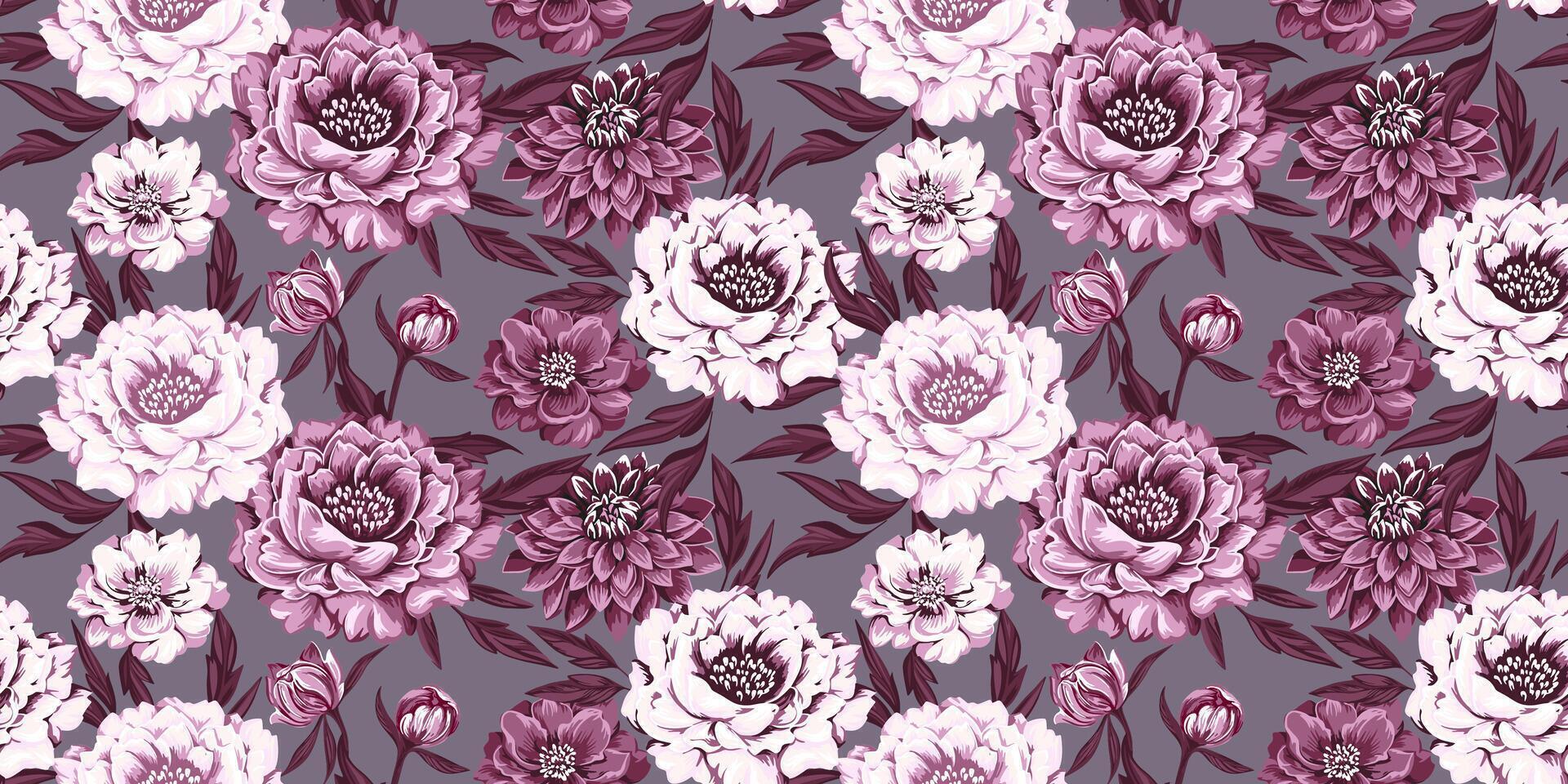 Artistic abstract flowers and leaves seamless pattern. hand drawn illustration. Blooming burgundy floral printing on gray background. vector