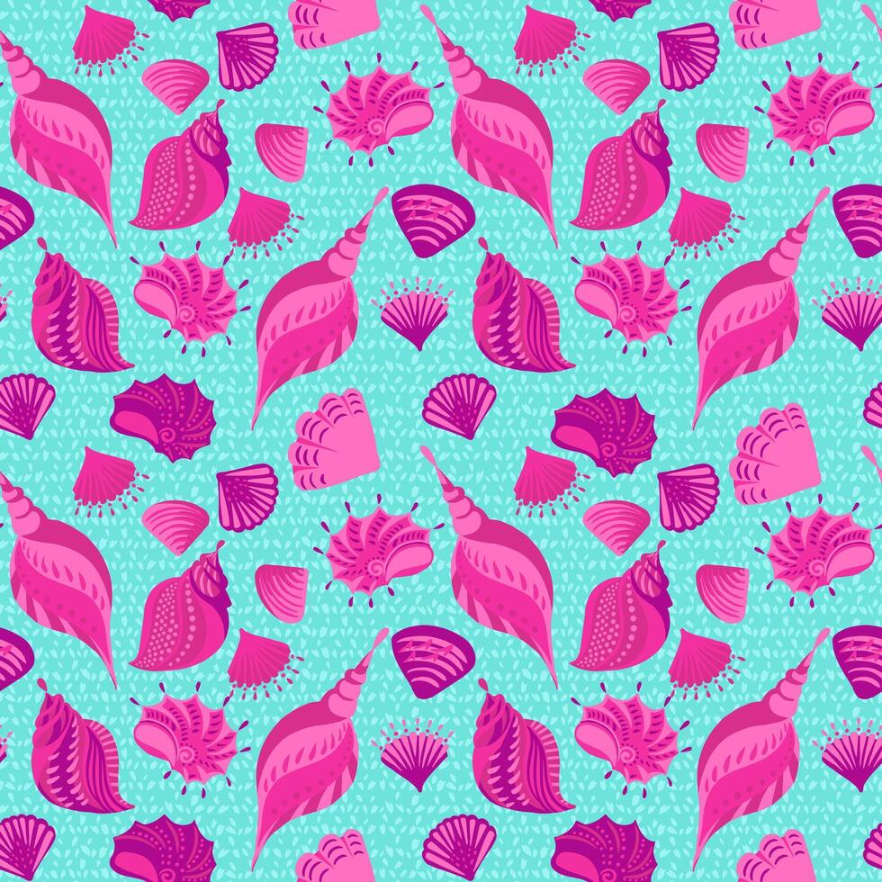 Creative cute pink ocean sea shells seamless pattern on a blue background. Colorful abstract artistic marine shell printing. hand drawn. vector