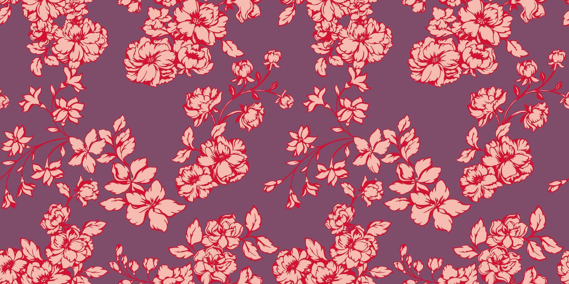 Blooming branches with wild flowers, buds, and leaves seamless pattern. Abstract artistic floral stems printing on a beaujolais background. hand drawn. Collage for designs, print, patterned vector