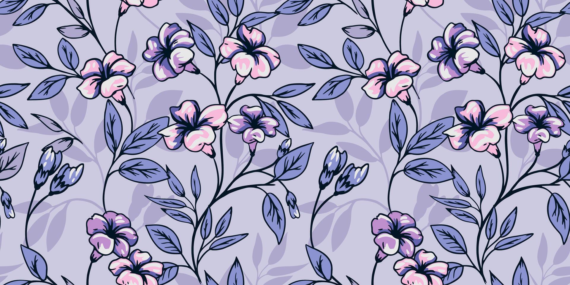 Blooming artistic abstract wildflowers branches and leaves intertwined in a seamless pattern. hand drawn floral stem blue print. vector
