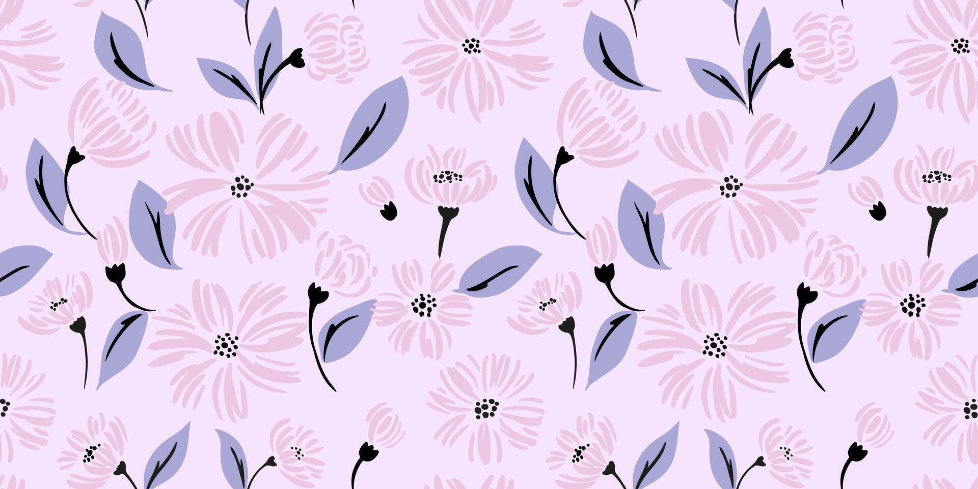 Abstract creative minimalist shapes flowers and leaves, buds seamless pattern. Pastel purple simple floral printing. hand drawn sketch. vector