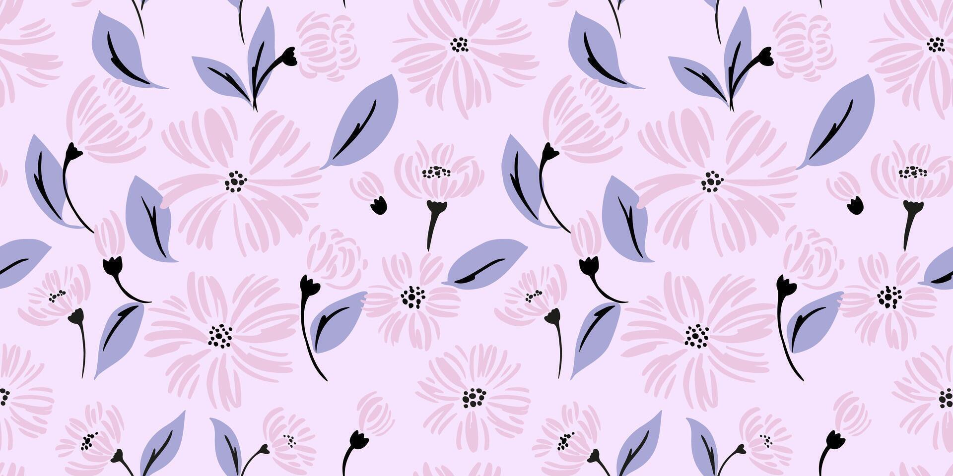 resumen creativo minimalista formas flores y hojas, brotes sin costura modelo. pastel púrpura sencillo floral impresión. mano dibujado bosquejo. vector