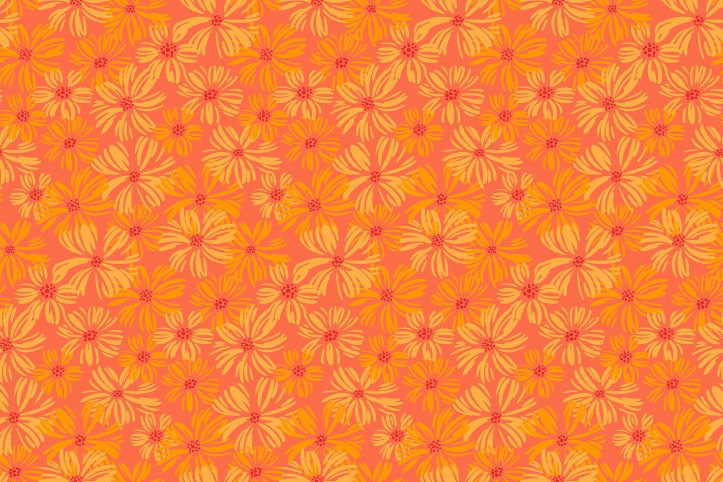 Orange monotone ditsy flowers seamless pattern. Abstract artistic shapes floral brush printing. Summer blossoms meadow background. hand drawn illustration. vector