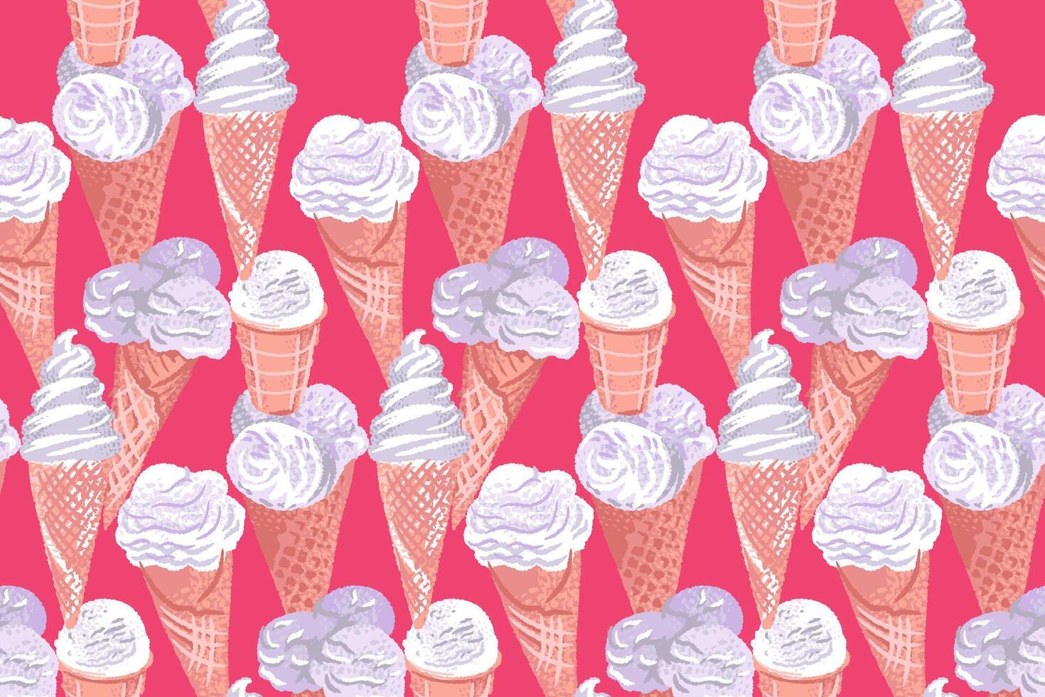 Abstract artistic ice cream cone seamless pattern in a pink background. hand drawn sketch. Colorful illustration summer fresh ice cream dessert. Collage for designs, kitchen textiles vector