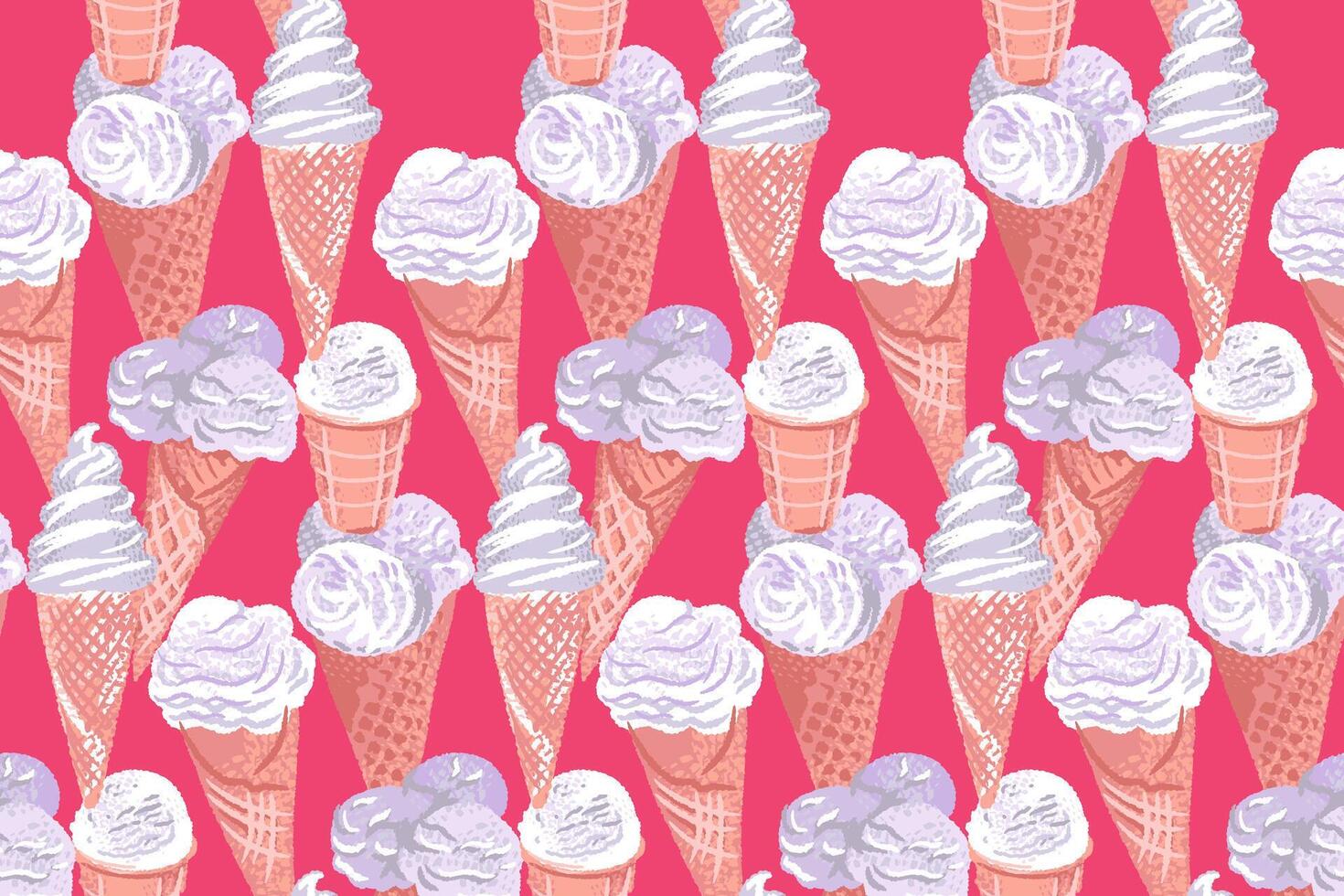 Abstract artistic ice cream cone seamless pattern in a pink background. hand drawn sketch. Colorful illustration summer fresh ice cream dessert. Collage for designs, kitchen textiles vector