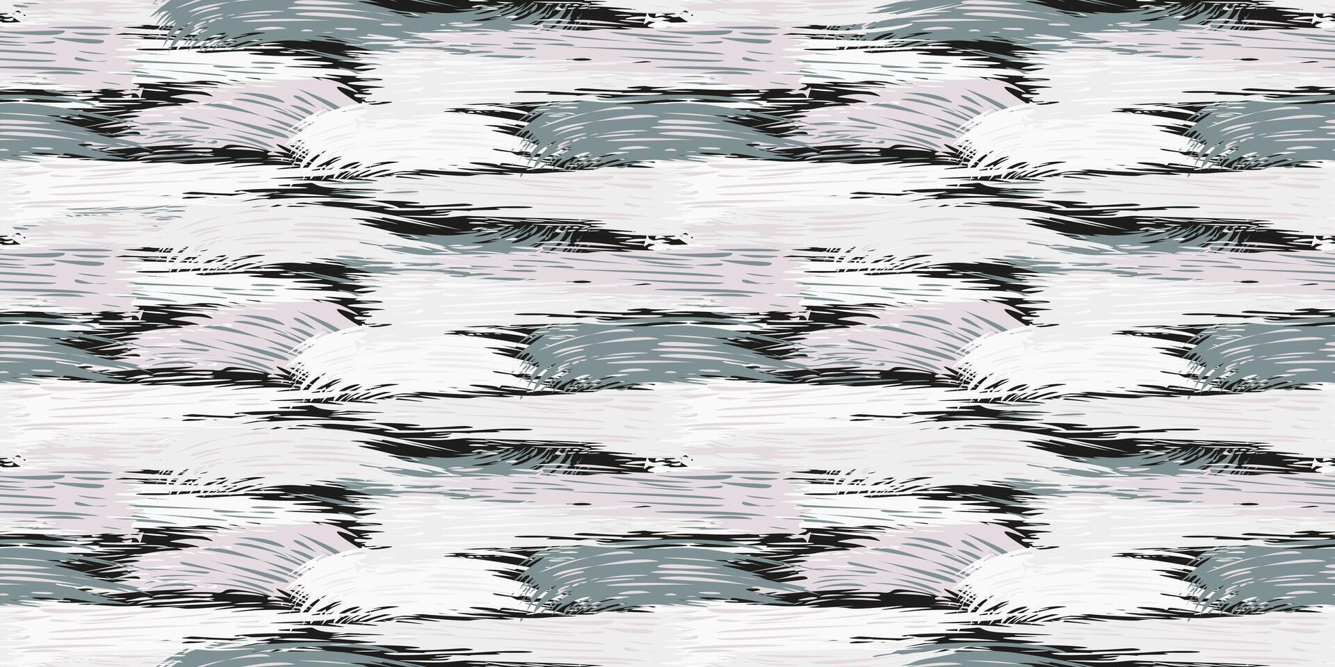 hand drawn artistic oil messy dynamic brush strokes texture seamless pattern. Monotone grey splashes of paint on a black background. Abstract print with stains, drops, spots horizontal lines. vector