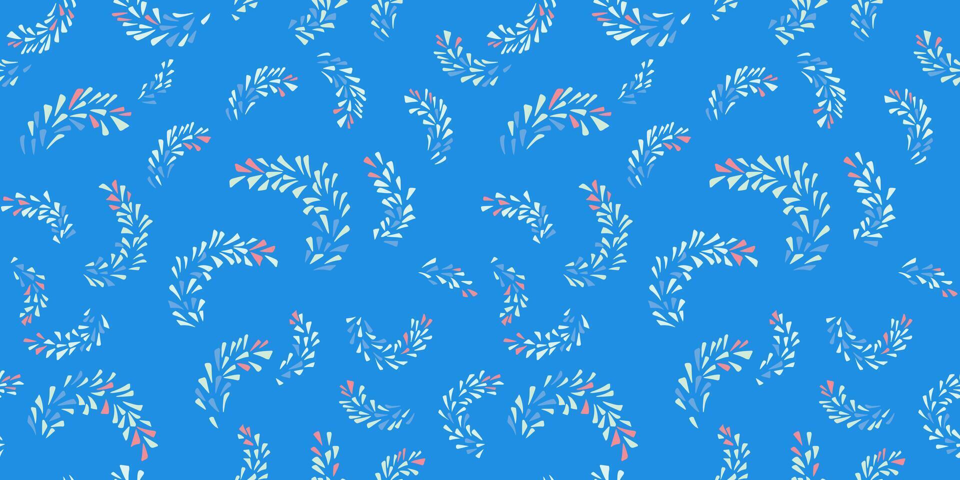 Minimalist seamless pattern with abstract painted branches in a tiny shapes drops, spots, dots. hand draw sketch. Simple blue background with geometric texture patterned. vector