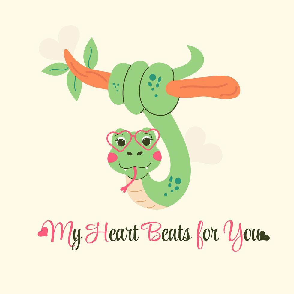 Snake character Valentine's Day poster is lettering my heart beats for you vector