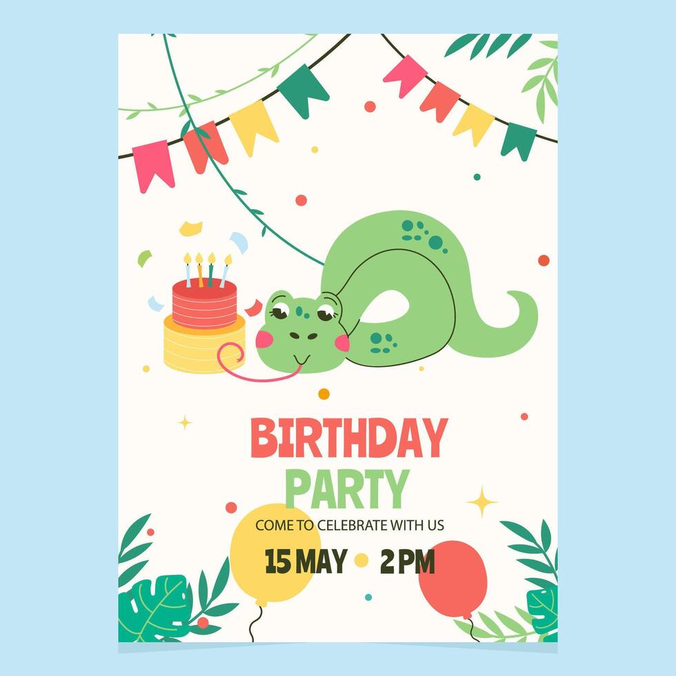 Character snake with cake birthday invitation template vector