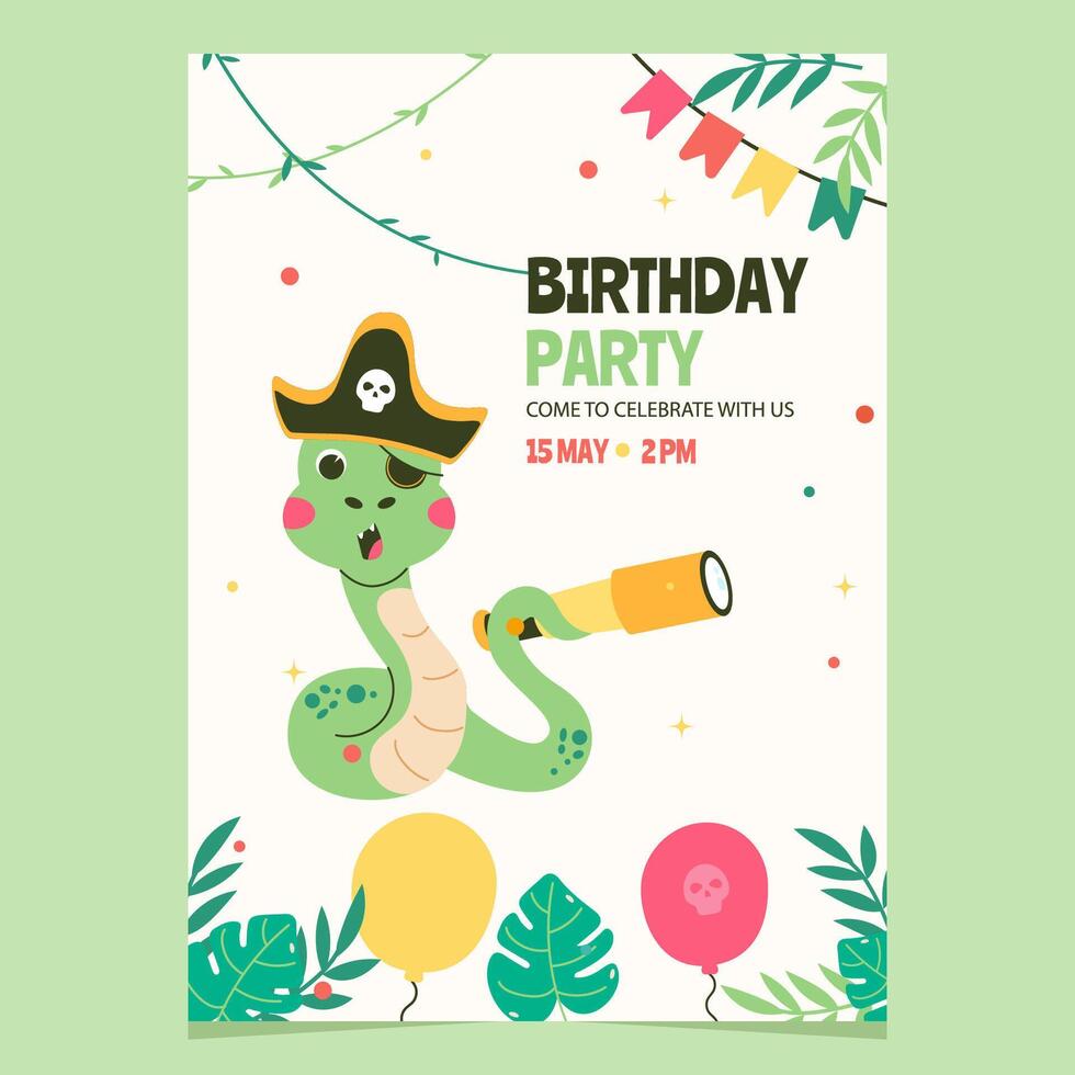 Character snake pirate birthday invitation template vector