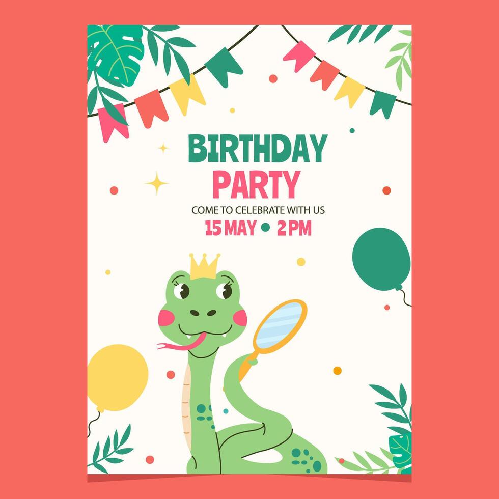 Character snake with a crown birthday invitation template vector