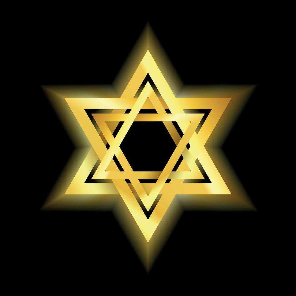 brillante brillante oro estrella de david en un negro antecedentes ilustración. judaísmo signo. seis puntiagudo estrella. lujo diseño elemento, emblema, logo icono de el judío fe vector