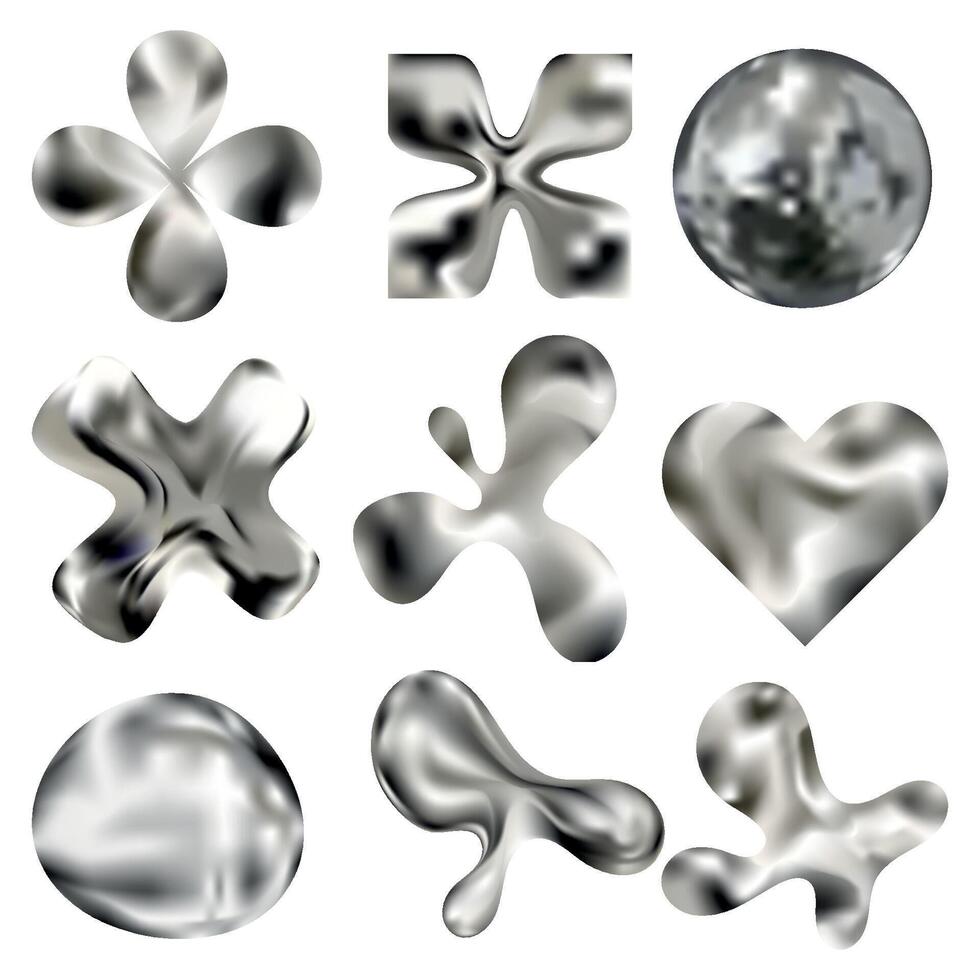 3d chrome glossy abstract shapes set. Liquid metallic different forms isolated on a white background. Chrome design elements collection. design elements in retro futuristic style vector