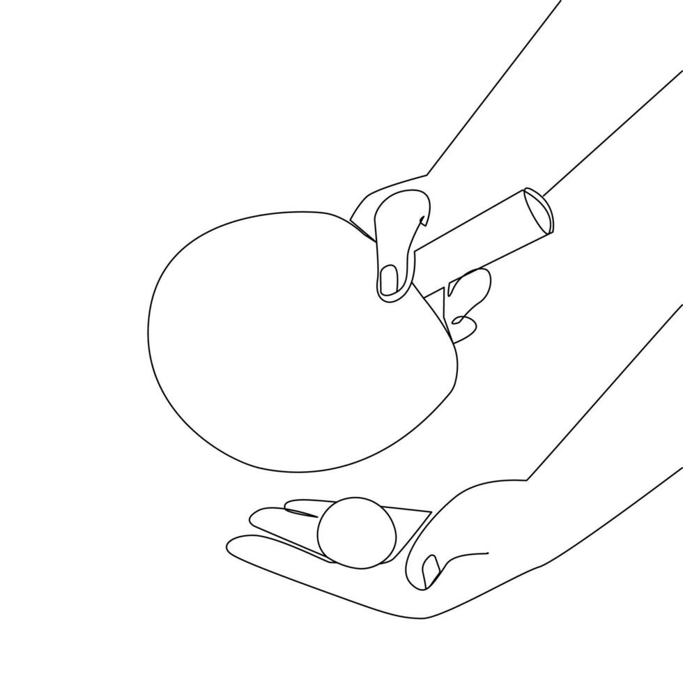 Ping pong concept. One line drawn racket and ping pong ball in human hands before serving. Minimalist style sports illustration. graphics vector