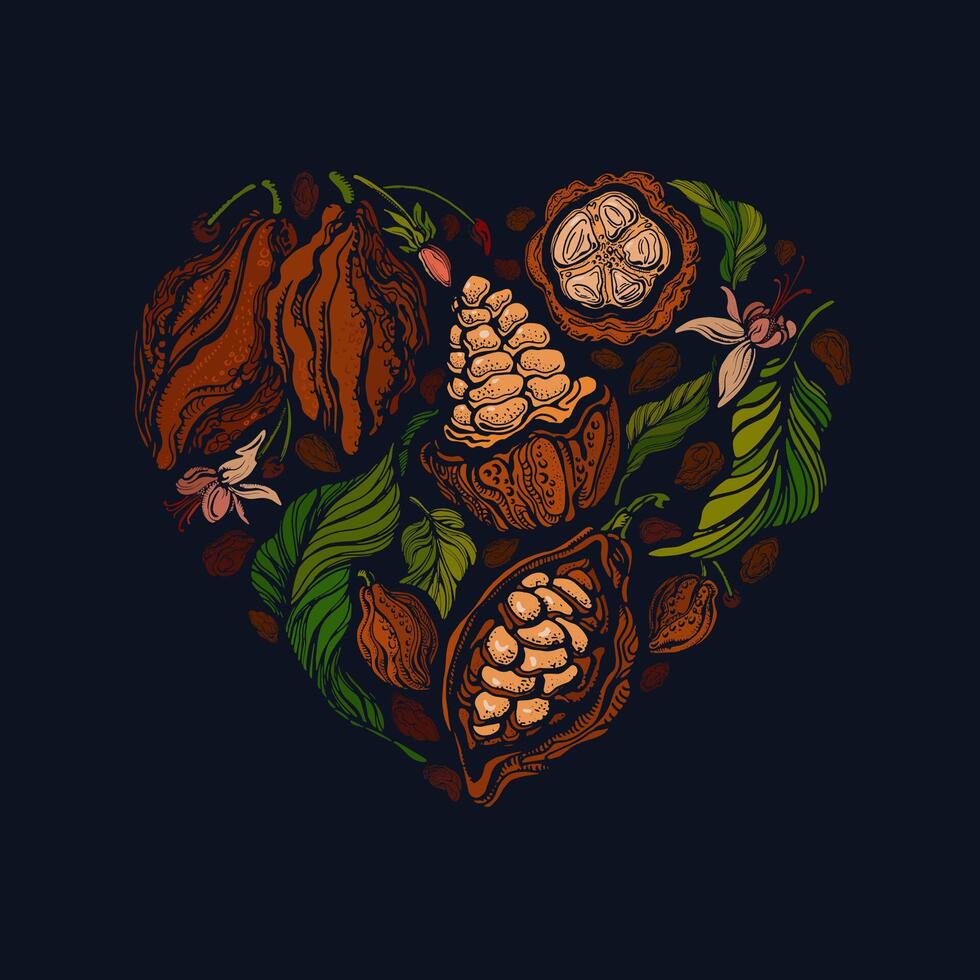 Cocoa heart symbol. Organic chocolate. Kakao beans vector