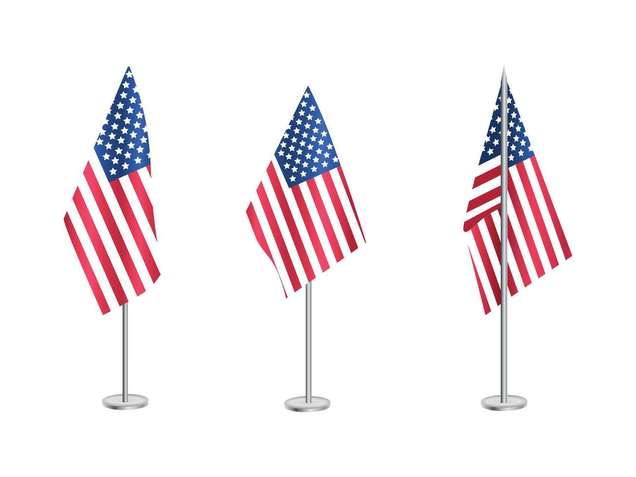 Flag of United States of America with silver pole.Set of America's national flag vector