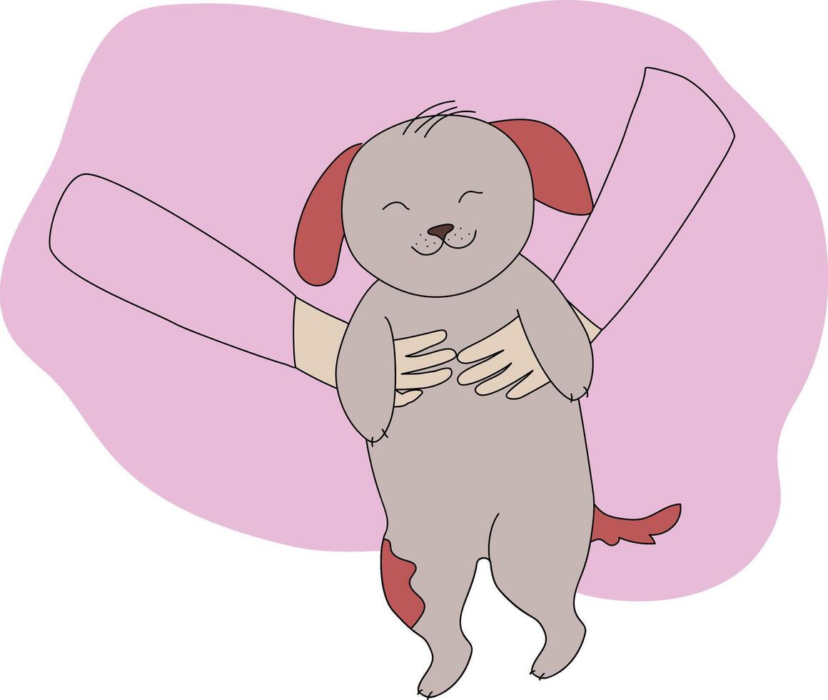 linda perrito en mujer manos en dibujos animados estilo. perro adopción modelo en rosado antecedentes vector