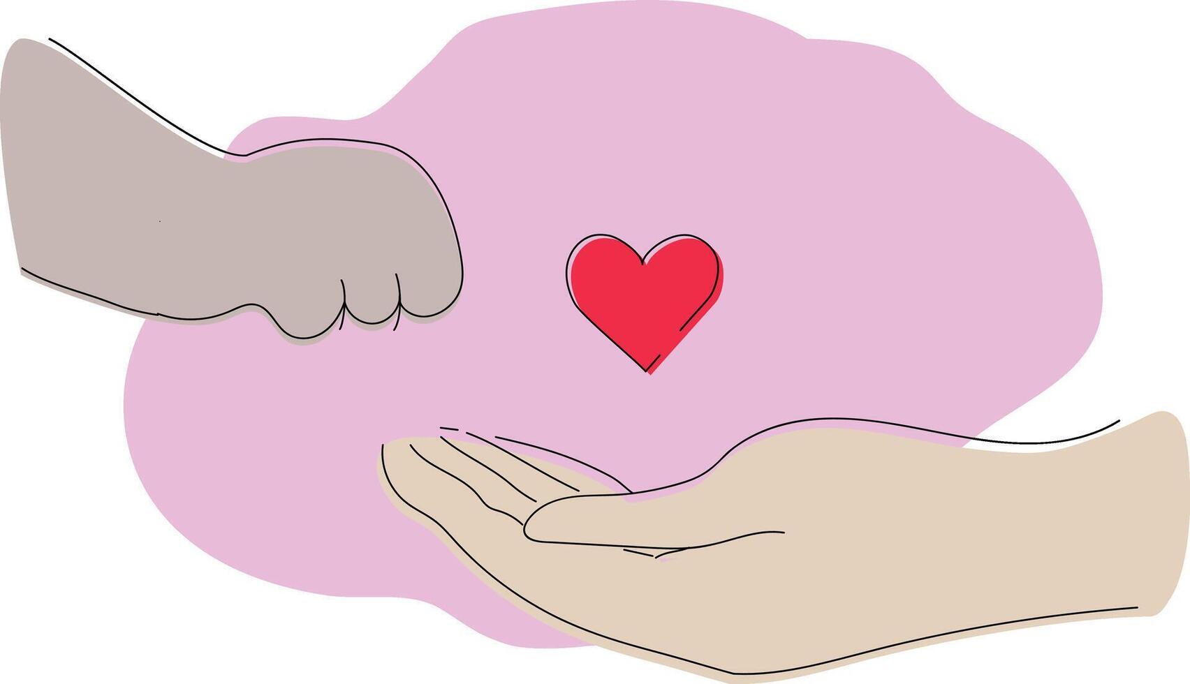 Dog paw and human hand with heart. Dog adoption logo template in pink background vector