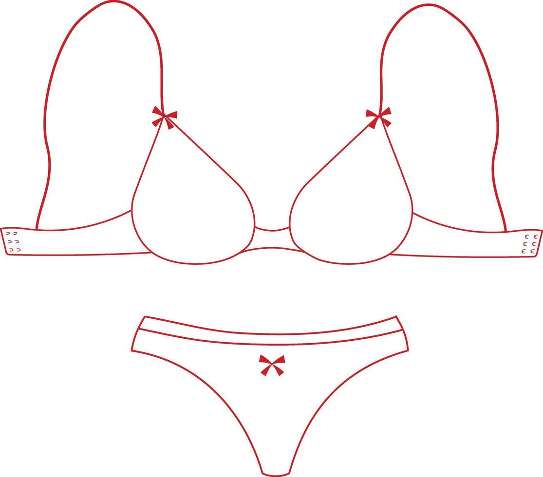 Women lingerie set with bra and pants with red bows.Female underwear line drawing vector